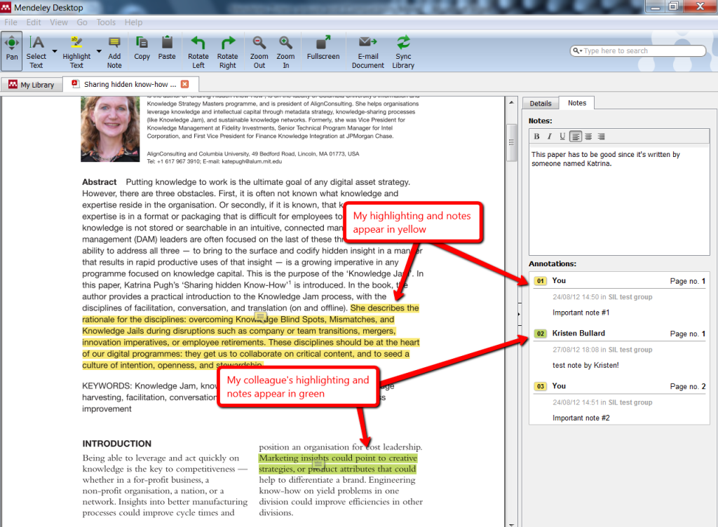 Image of collaborative highlighting and notes in Mendeley private group