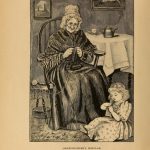 Illustration of an old woman and a little girl knitting, from the Art of Knitting