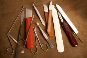 An assortment of tools used at the SIL Book Conservation Lab