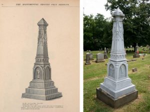 L: Monumental Bronze Catalogue, p.78   R: Beitzel Monument,1885. Prospect Hill Cemetery. York, PA (photo courtesy of Richard A. Sauers, historian, Riverview Cemetery, Trenton, New Jersey)