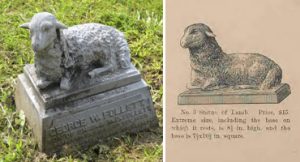 L: Follett Monument, 1857. Lone Fir Cemetery. Portland, OR.  R: Lamb statue, p.14 (Lambs usually mark the graves of children, and infants, symbolizing innocence .) 