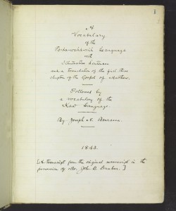 Title page from A vocabulary of the Po-da-wahd-mih Language by Joseph N. Bourassa, 1843.