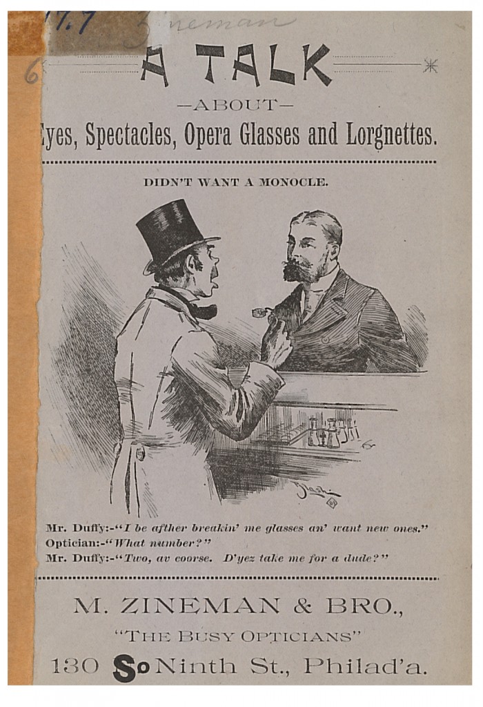 Front cover of M. Zineman & Bro. circa 1890 trade catalog showing a man ordering eyeglasses