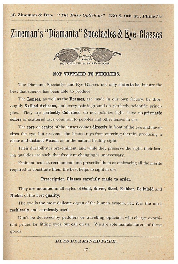 Zineman's "Diamanta" Spectacles and Eye-Glasses shown in circa 1890 M. Zineman & Bro. trade catalog