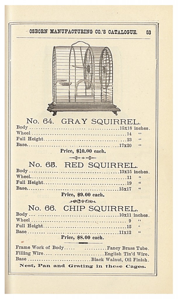 Cages for a single gray squirrel, red squirrel, or chip squirrel in 1885 Osborn Mfg. Co. trade catalog