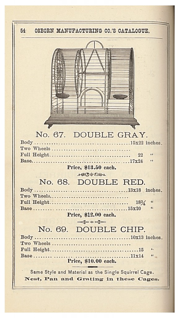 Double cages for two gray squirrels, two red squirrels, or two chip squirrels in 1885 Osborn Mfg. Co. trade catalog