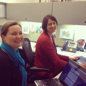 Social media coordinator Erin Rushing (left) and book conservator Katie Wagner (right) preparing to answer questions. 