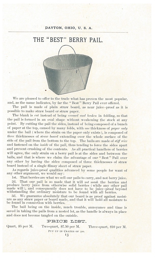 "Best" Berry Pail shown in 1888-1889 Catalogue and Price List of the Dayton Paper Novelty Co.