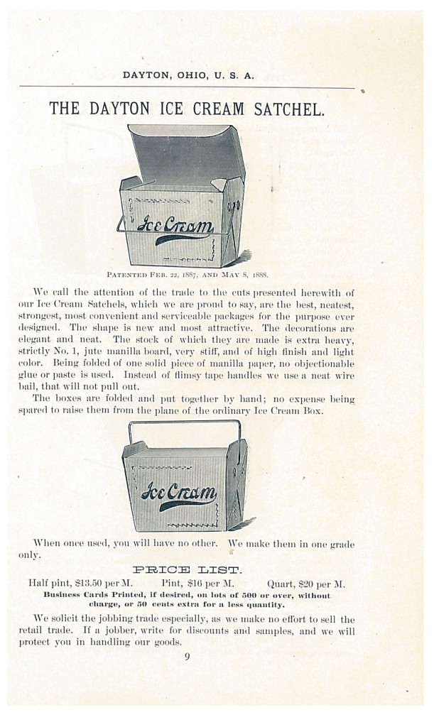 Dayton Ice Cream Satchels shown in 1888-1889 Catalogue and Price List of the Dayton Paper Novelty Co.