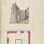 Hand-colored illustration of fortified entrance from Traitté des sieges