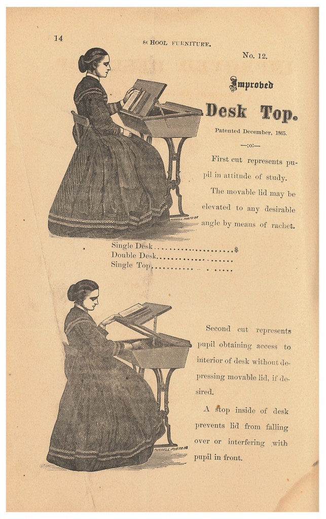 Robert Paton 1872 trade catalog showing student sitting at a desk with an elevated Improved Desk Top and student lifting lid of desk equipped with Improved Desk Top