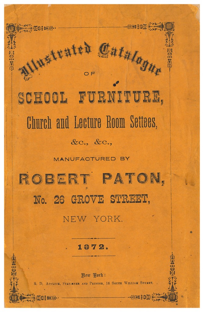 front cover of Robert Paton 1872 trade catalog of school furniture, church and lecture room settees