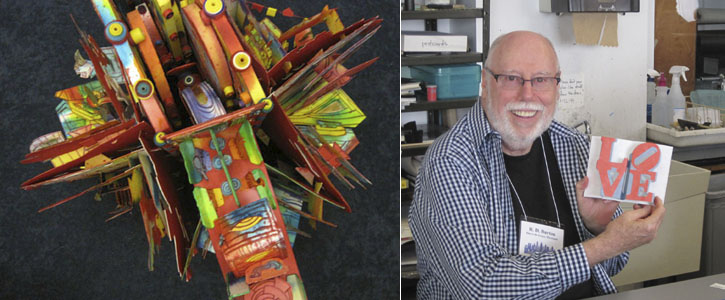 Left: Book artist Paul Johnson’s Carousel pop-up book seen from above. Right: Book artist RD Burton and his pop-up greeting card made in the UArts workshop