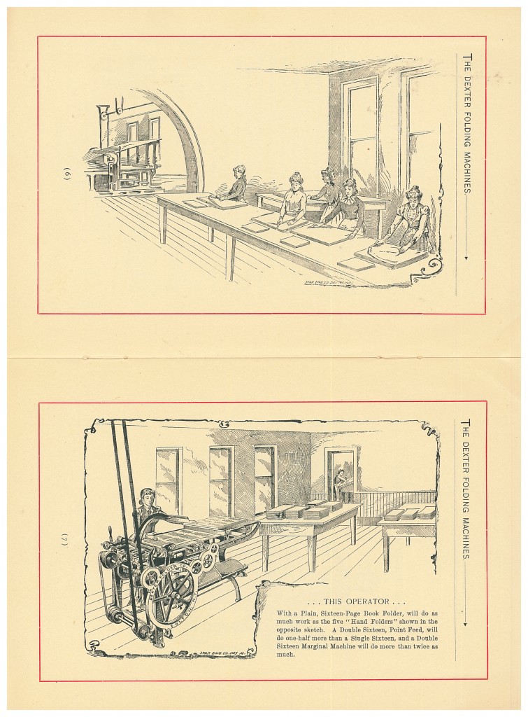 five "Hand Folders" folding by hand versus a Book Folder machine being operated by one person