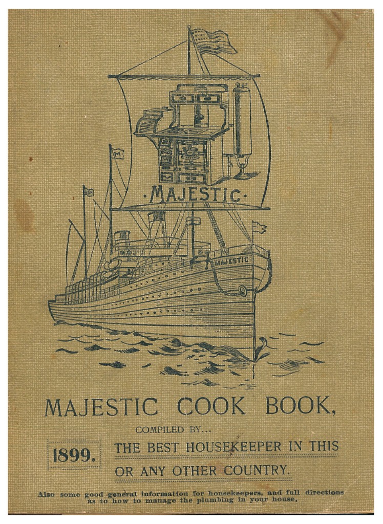 ship sailing on water shown on front cover of Majestic Cook Book