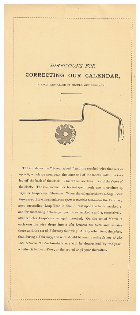 Ithaca Calendar Clock Co. directions for correcting a displaced calendar