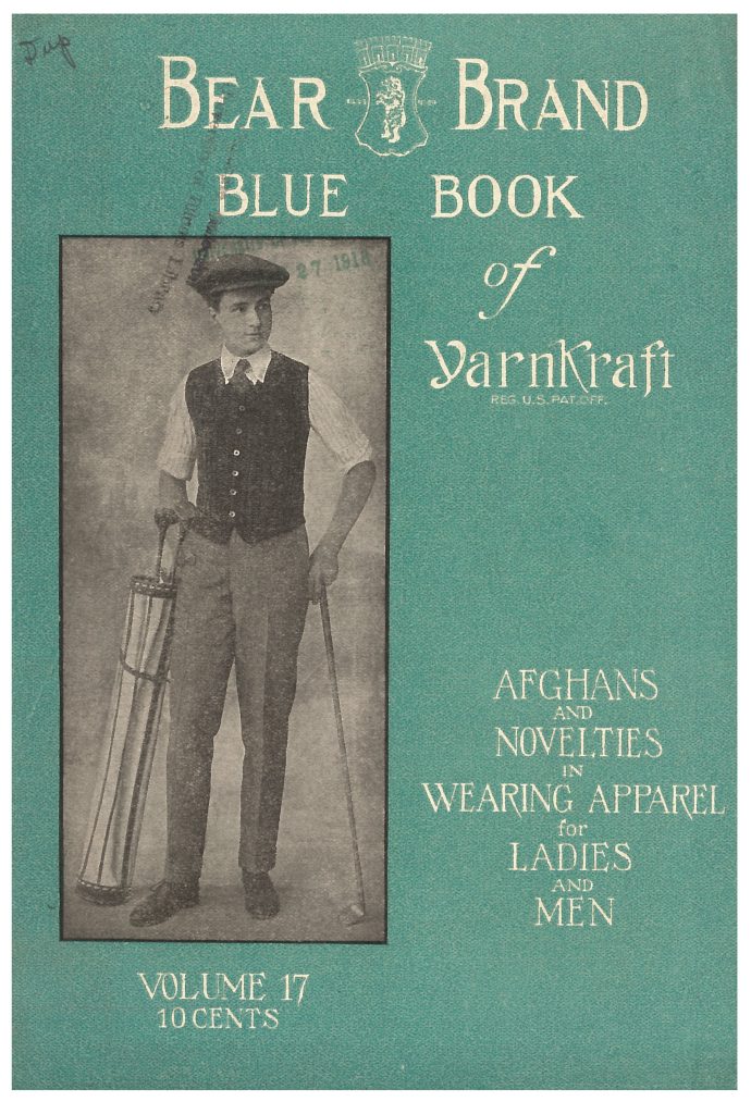 front cover of Bear Brand Blue Book of Yarnkraft showing a man with golf clubs wearing a golf vest