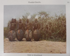 German East Africa: Maasai in war regalia.