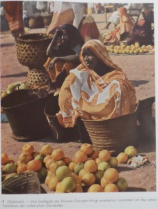 The Fruit Market—The golden yellow of fresh oranges looks wonderful along with the rich tones of the colorful garments. [Tanzania]