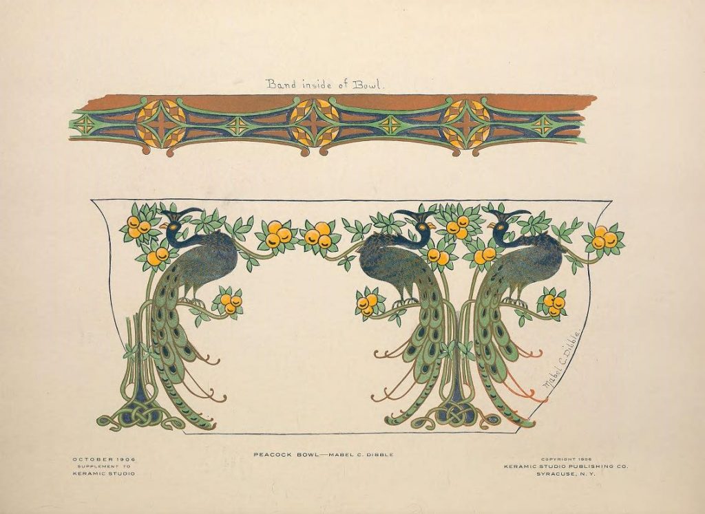 Peacock Bowl design by Mabel C. Dibble, the October 1906 supplement to Keramic Studio