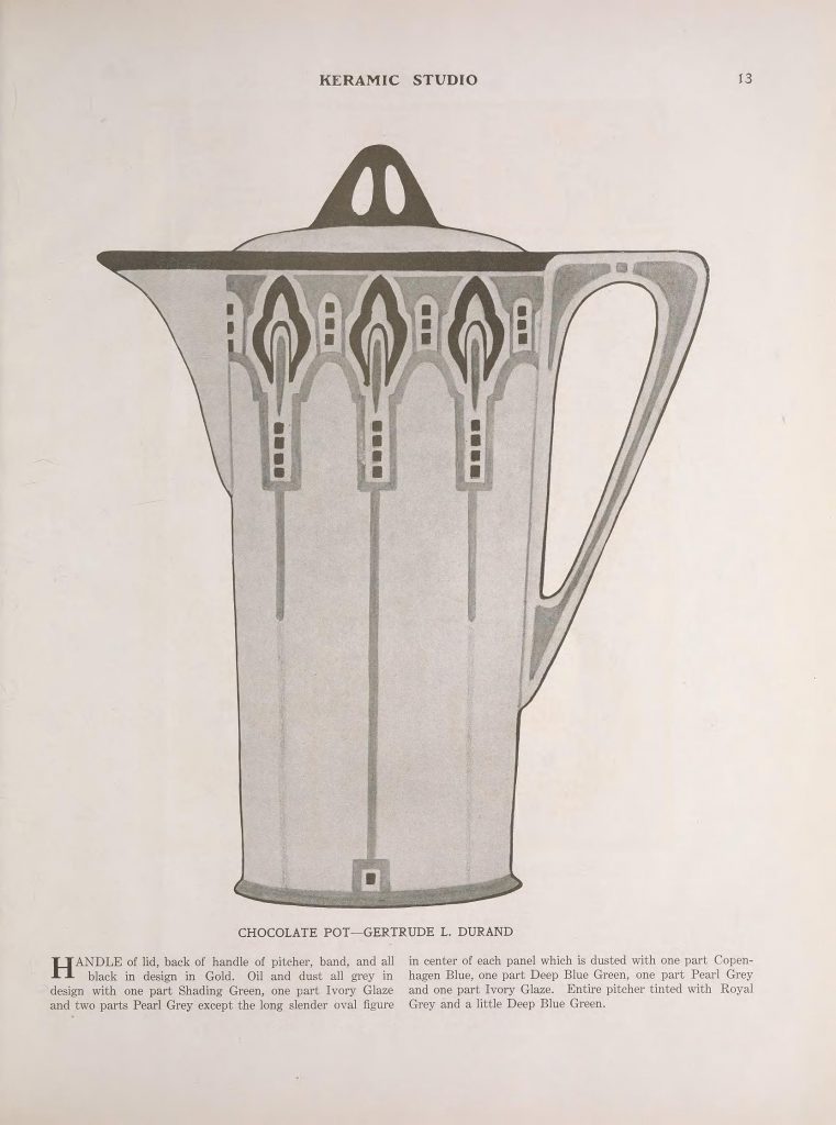 Chocolate Pot by Gertrude L. Durand, p.13 of the May 1915 issue of Keramic Studio