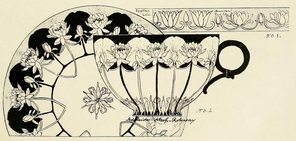 Pond Lily design by Adelaide Alsop Robineau, p.119 in v.2 no. 6 of Keramic Studio, October 1900