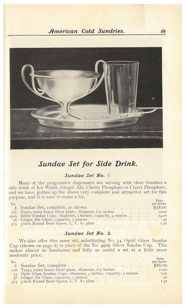 Sundae Set for Side Drink including tray, silver sundae cup, Ginger Ale glass, and round bowl spoon