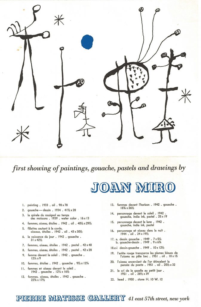 Invitation to Miro's first show at the Pierre Matisse Gallery, 1932-- AAPG 