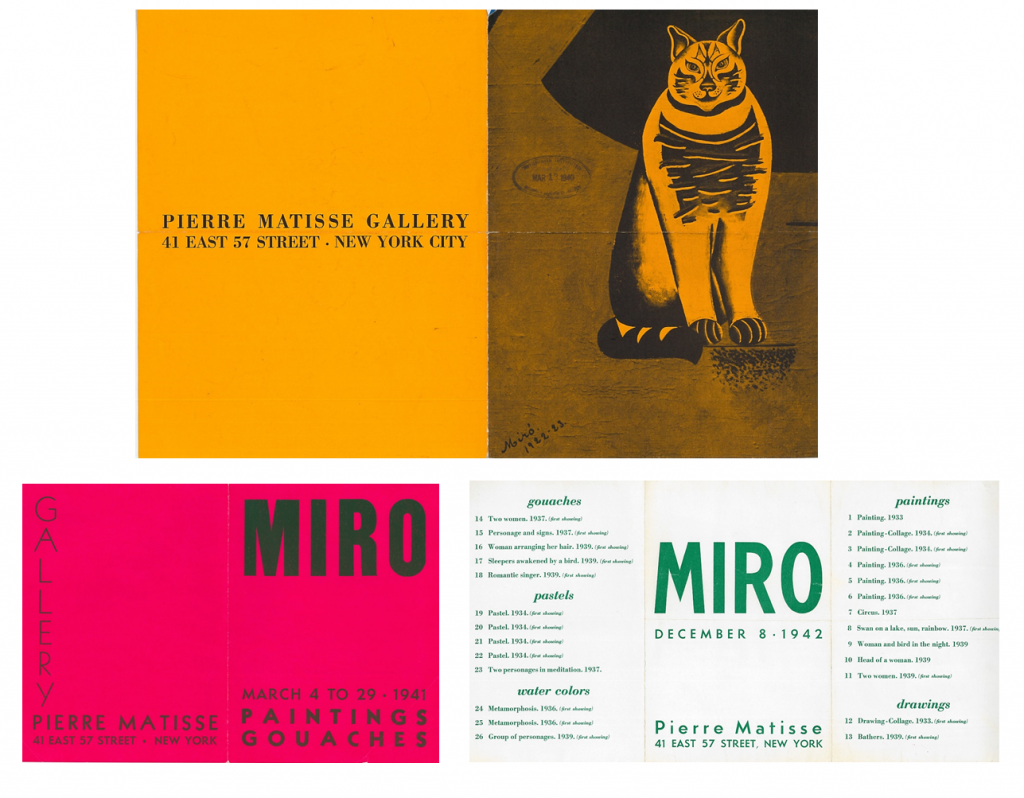 Catalogues and artwork checklists from the 1940, 1941, 1942 exhibitions of Miro's work at Pierre Matisse Gallery-- AAPG