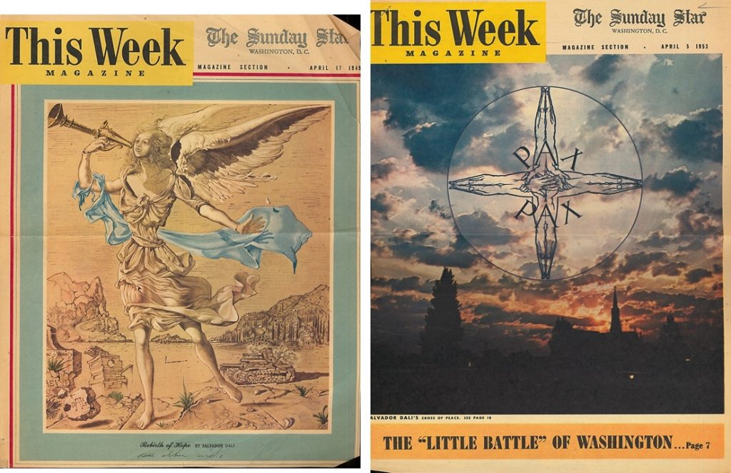 Dali covers with original artwork, Rebirth of Hope (left) & Cross of Peace (right), for the Sunday Star, 1945 & 1953--AAPG