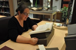 Meredith researching in the Dibner Library.