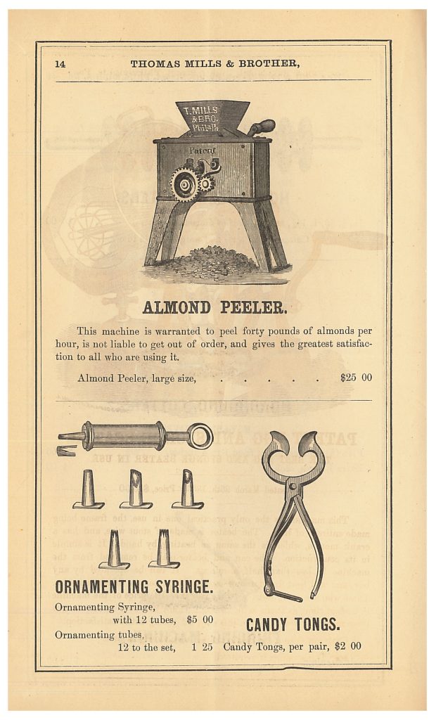 Thomas Mills & Brother Almond Peeler, Ornamenting Syringe, and Candy Tongs