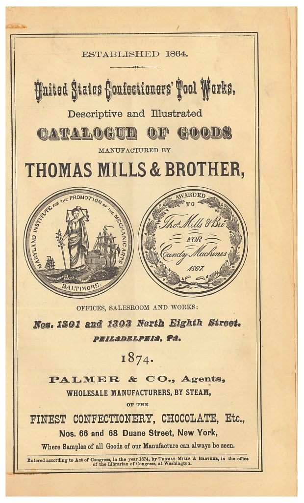 title page of Thomas Mills & Brother trade catalog about candy making machinery