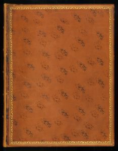 A lovely light-colored polished calf binding with the cat’s paw motif in different colors applied lightly over the boards. This early 19th-century French book on astronomy once belonged to Sir John F. W. Herschel, astronomer, chemist, mathematician (among other things)