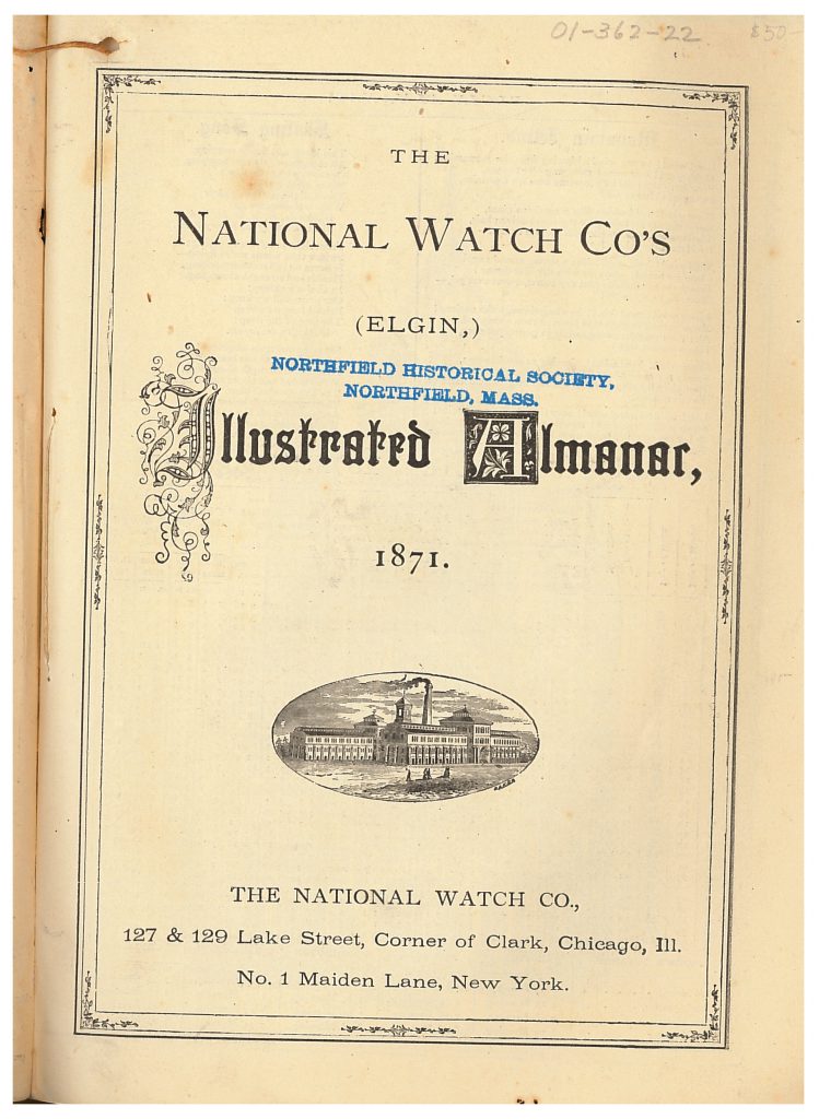 title page of National Elgin Watch Company Illustrated Almanac showing image of building