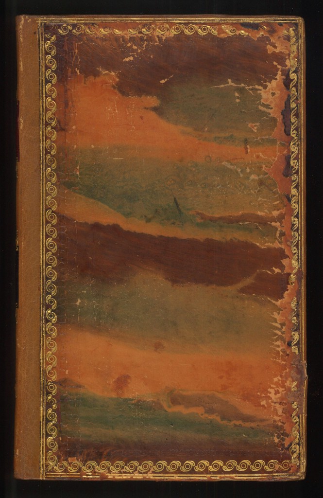 This example has different colors softly blending into each other for an elegant effect on the polished calf, also called run marbling. The design resembles a sunset somewhat, appropriately enough on a book on geography (William Guthrie, A new geographical, historical, and commercial grammar (Philadelphia, 1815)