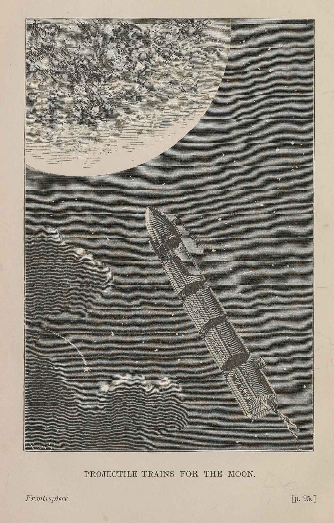 Illustration from Jules Verne From the Earth to the Moon published in 1874, depicting rocket approaching the Moon