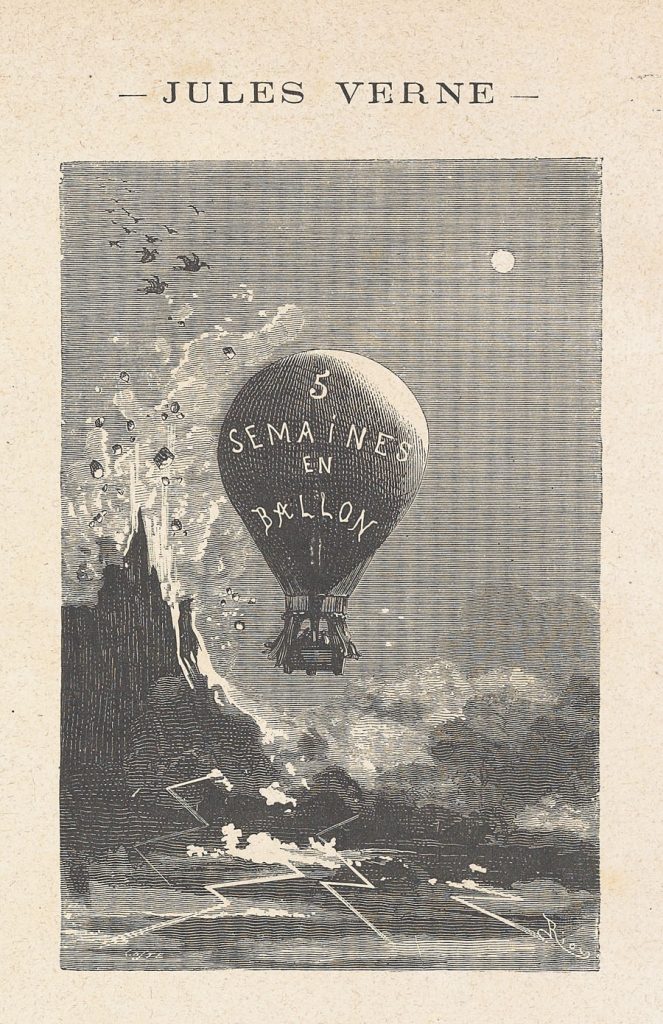 Illustration from Jules Verne's Five Weeks in a Balloon with publication date of 1867, with depiction of a hot air balloon and a erupting volcano