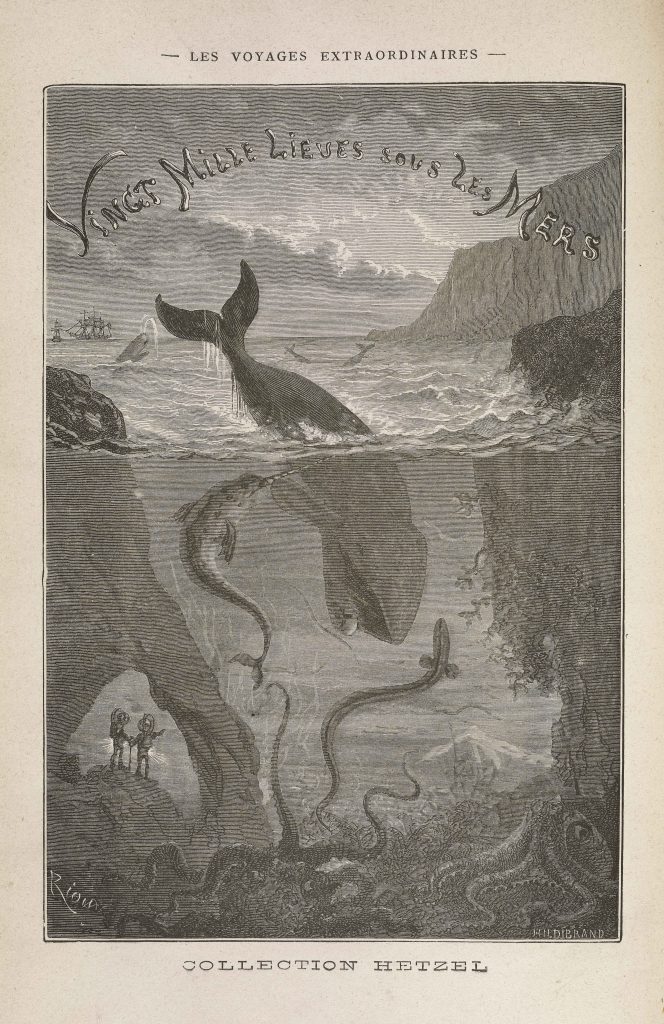 Title page from Jules Verne's 20,000 Leagues Under the Seas published in the 1890s, depicting divers among aquatic life including a whale