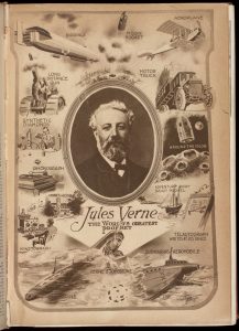 Portrait of Jules Verne illustrating some of his predictions