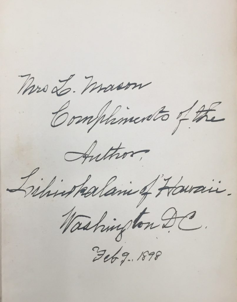 Inscription in Hawaii's Story by Hawaii's Queen Liliuokalani.