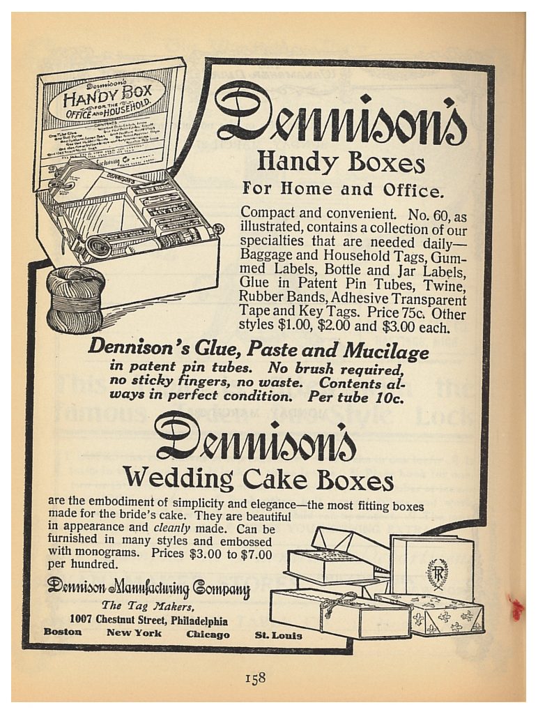 Dennison's Handy Boxes and Dennison's Wedding Cake Boxes advertisement in Wanamaker Diary 1910