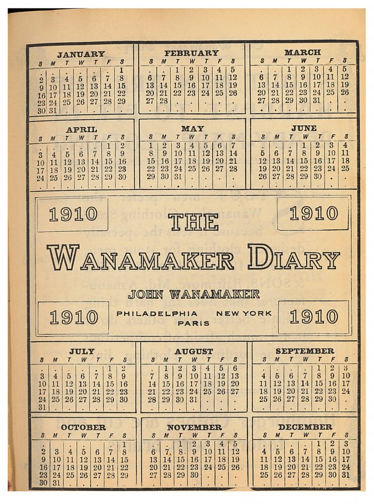 Wanamaker Diary title page showing 1910 calendar