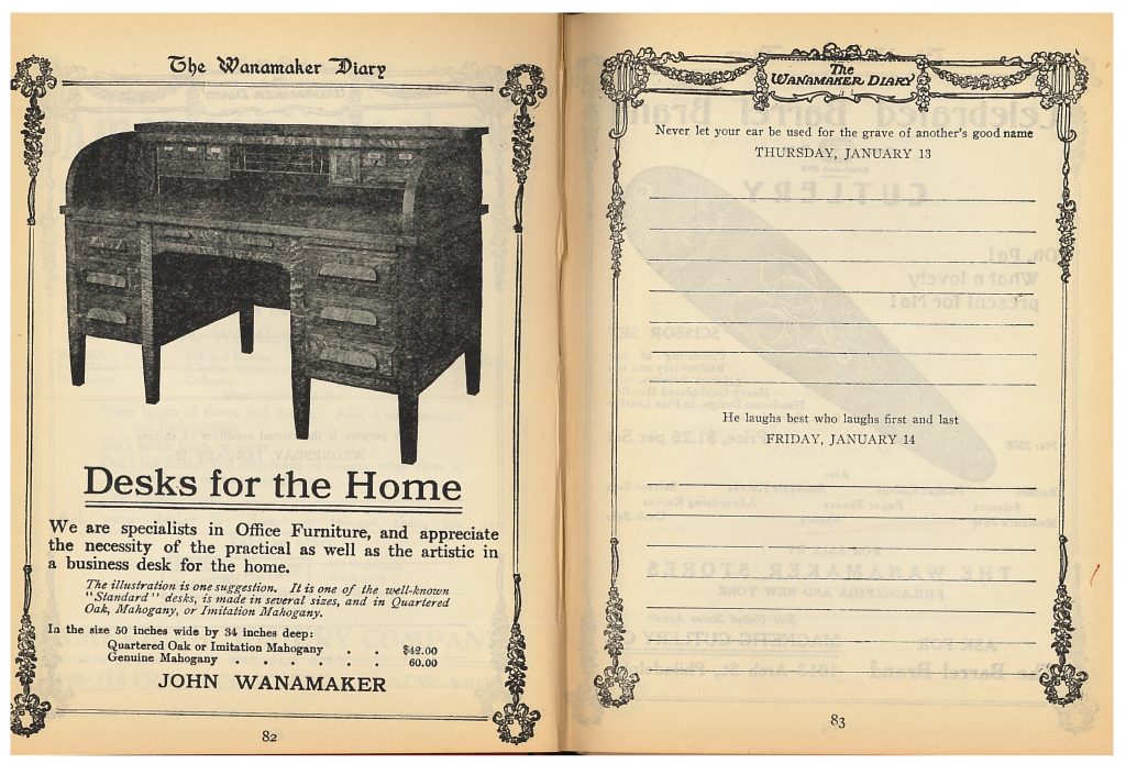 Advertisement for a desk and diary page for January 13 and 14 in Wanamaker Diary 1910