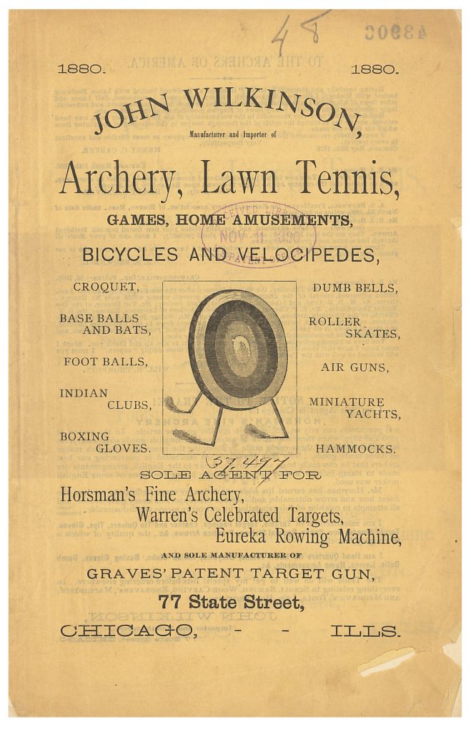 front cover of John Wilkinson 1880 trade catalog showing an archery target