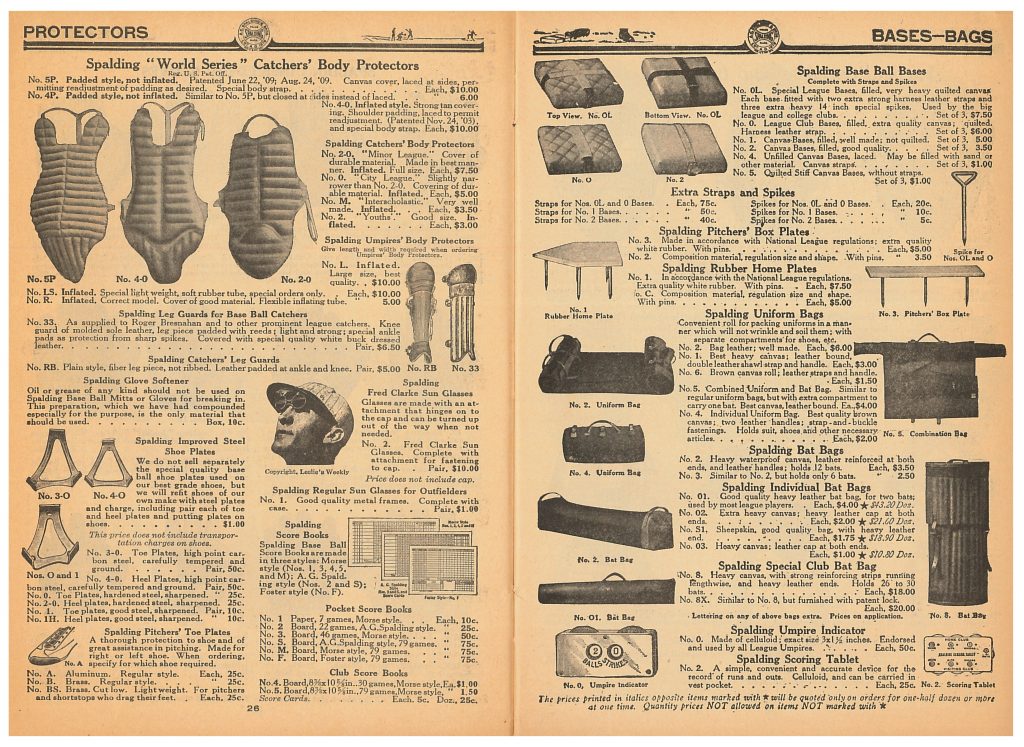 catchers' body protectors and other baseball protective equipment, baseball bases, uniform bags, bat bags, score books, and other baseball equipment