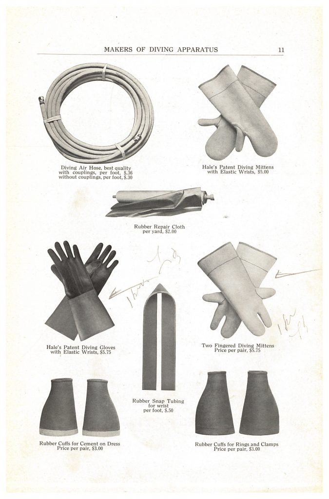 diving air hose, diving mittens, , diving gloves, two fingered diving mittens, rubber repair cloth, rubber cuffs, and rubber snap tubing for wrist