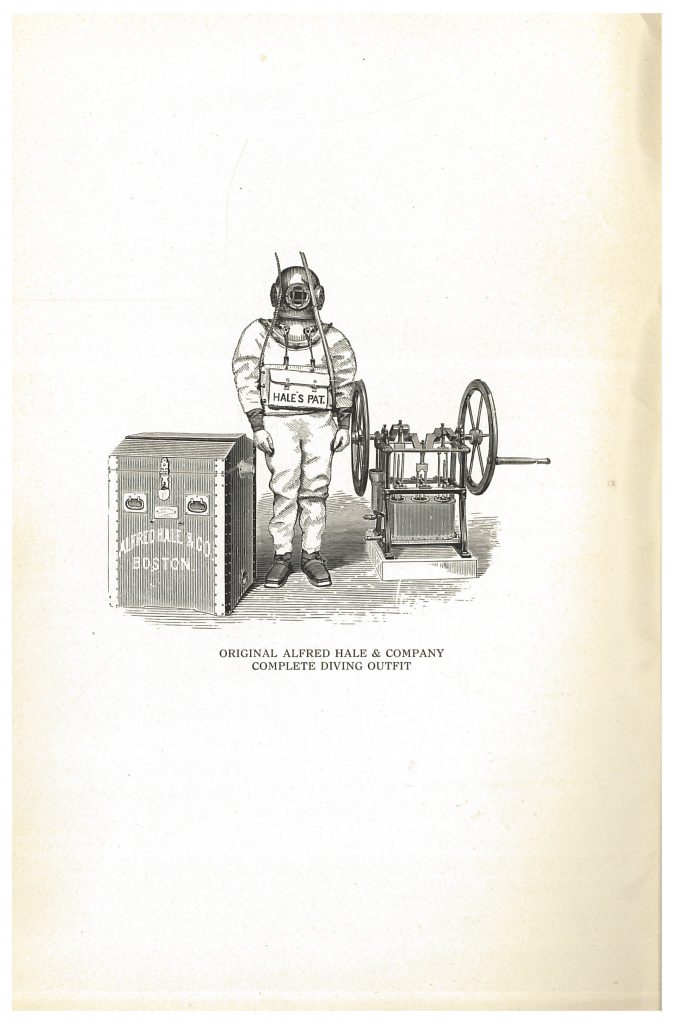 Diver wearing the Original Alfred Hale & Company Complete Diving Outfit including the suit, helmet, shoes, and gloves.