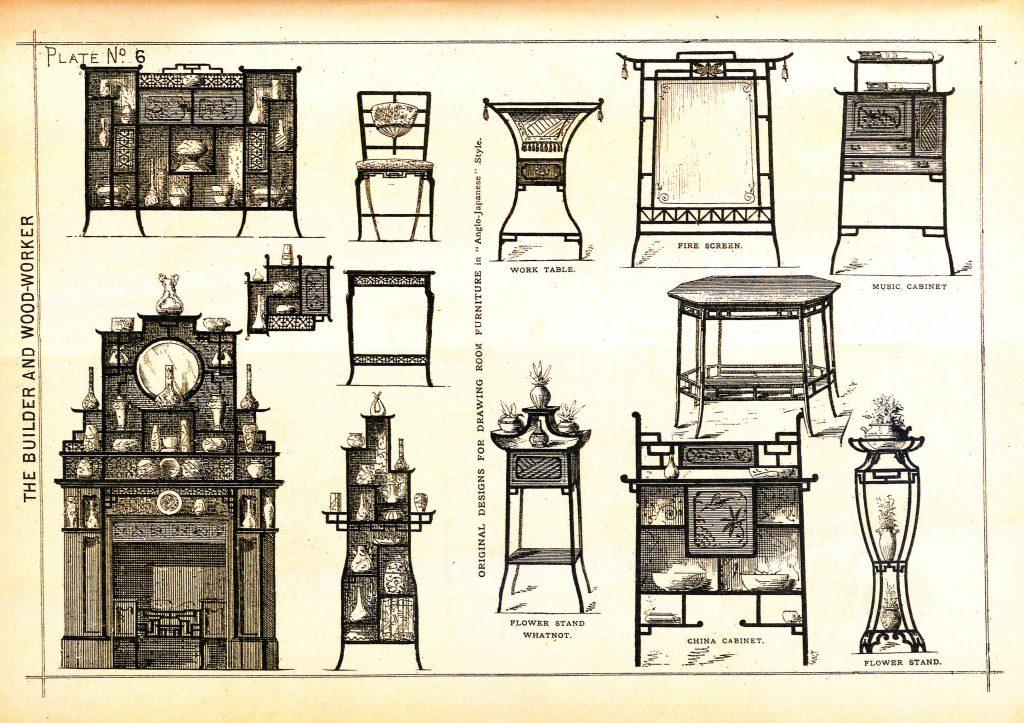 Builder and Woodworker. Drawing room furniture in “Anglo-Japanese style”. Vol. 18, no. 1. Jan, 1882. Plate 6. 