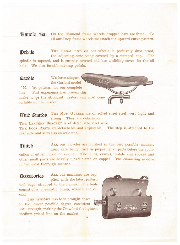 image of bicycle saddle and information about handle bars, pedals, saddle, mud guards, finish, and accessories